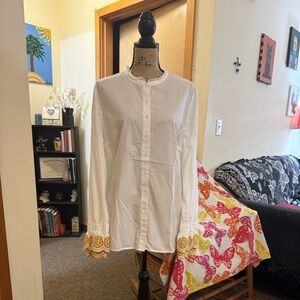 Boden, boho full button down crisp white shirt. Flawless with double cuff design